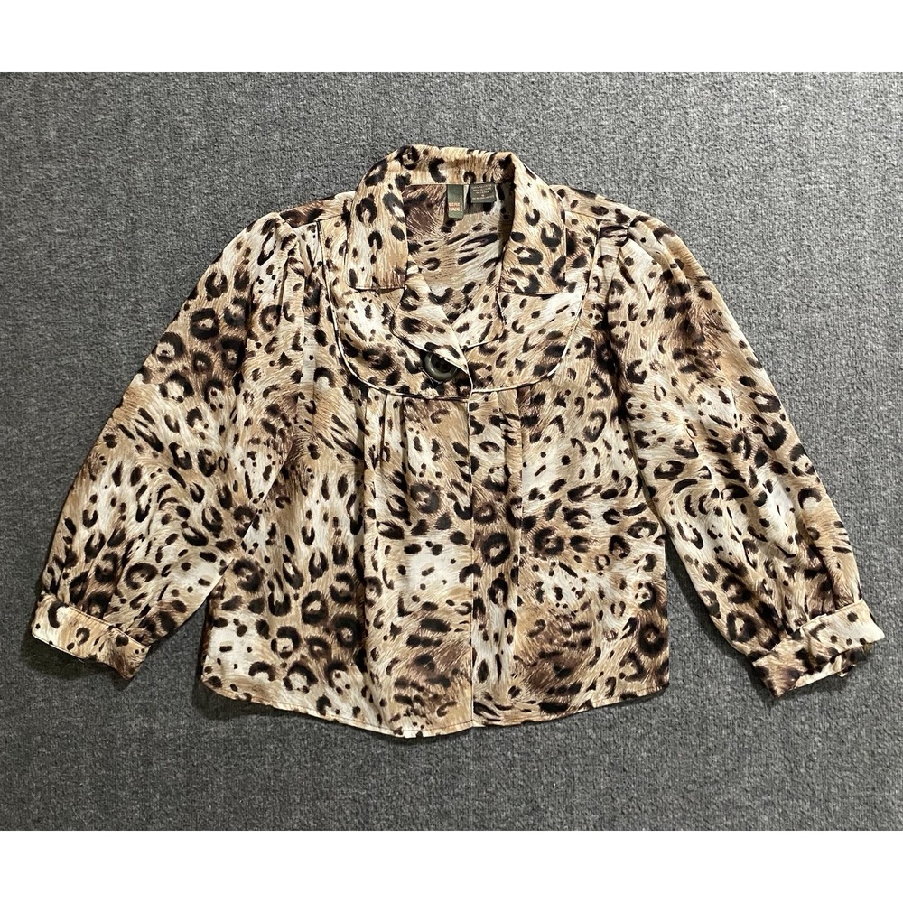Serenade Womens Brown Leopard Print 3/4 Sleeve Collar Button Sheer Blouse Size S